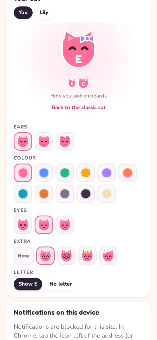 The cat designer: Emma’s pink cat with a bow, and choices for ears, colour, eyes and extras