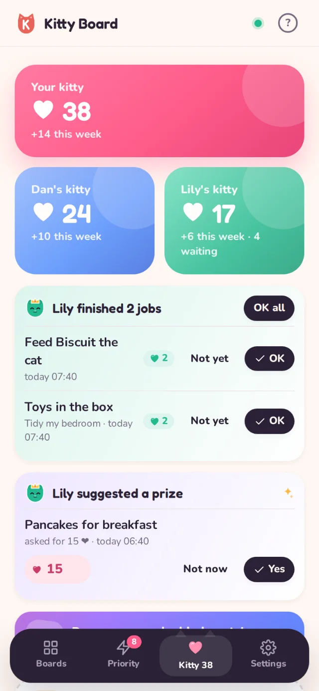 The Kitty Jar screen: Emma has 38 hearts, Dan has 24 and Lily 17
