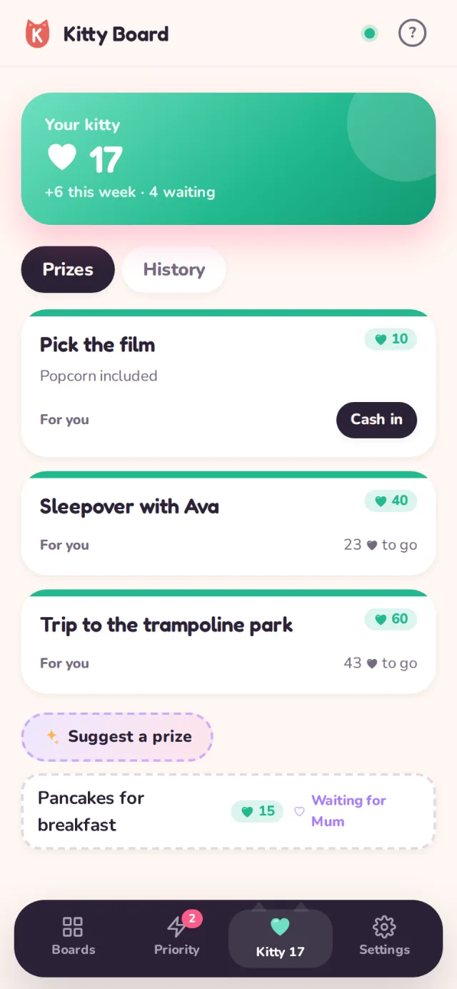 Lily's Kitty Jar: 17 hearts, with prizes Pick the film, Sleepover with Ava and Trip to the trampoline park, and her idea Pancakes for breakfast waiting for Mum